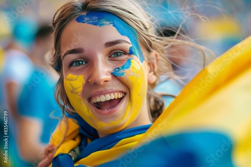 A radiant young woman with face paint resembling the Ukrainian flag showing immense joy and pride