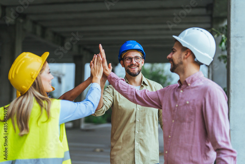 Diverse construction workers in safety helmets celebrate progress with a high five at a project site, displaying teamwork and collaboration.