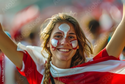 Joyous female spectator with national flag face paint among a crowd at a sports event photo