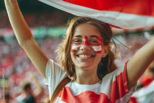 A young, jubilant fan with face paint cheering for her team in a stadium filled with attendees photo