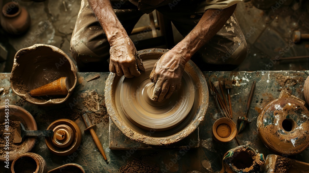 Hands of craftsman is molding clay on the pottery wheel. Ceramic craft. Dirty male hands sculpt mug with ceramic clay. Hands of craftsman is molding clay on the pottery wheel. Ceramic craft. Dirty male hands sculpt mug with ceramic clay.