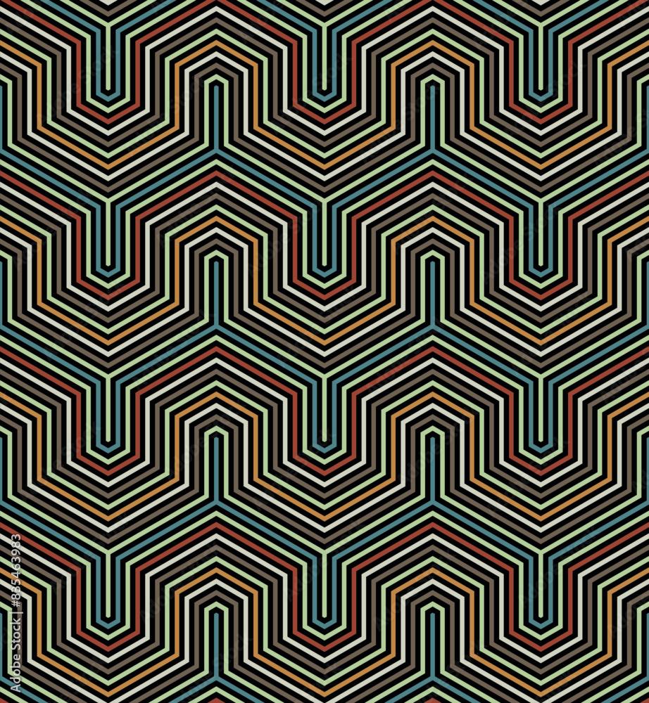 Seamless abstract geometric pattern with angular striped waves. Multicolored horizontal zigzag lines. Ethnic design in retro style. Seamless abstract geometric pattern with angular striped waves. Multicolored horizontal zigzag lines. Ethnic design in retro style.