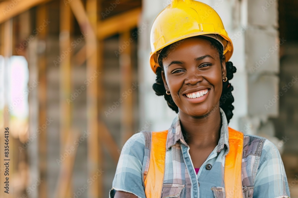 Young construction worker with a hard hat gives a confident smile at a construction site Young construction worker with a hard hat gives a confident smile at a construction site