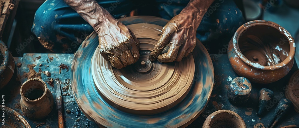 Hands of craftsman is molding clay on the pottery wheel. Ceramic craft. Dirty male hands sculpt mug with ceramic clay. Hands of craftsman is molding clay on the pottery wheel. Ceramic craft. Dirty male hands sculpt mug with ceramic clay.