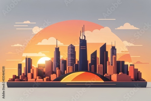 Sunset in the city  vector style illustration  black silhouettes of the buildings against orange-red sky