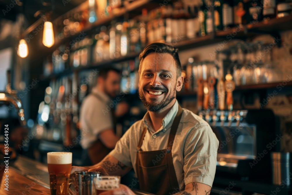 A bartender with a tattoo serves beer in a hip bar setting, showcasing craftsmanship and hospitality A bartender with a tattoo serves beer in a hip bar setting, showcasing craftsmanship and hospitality