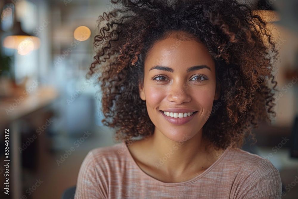 A woman with cascading curls looks away contemplatively in a well-lit indoor space A woman with cascading curls looks away contemplatively in a well-lit indoor space