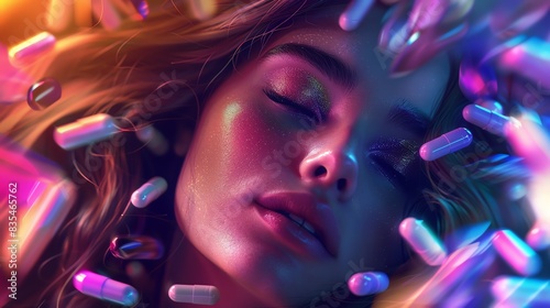 A beautyfocused image with Biotin supplements and vibrant hair, skin, and nails, symbolizing beauty benefits photo