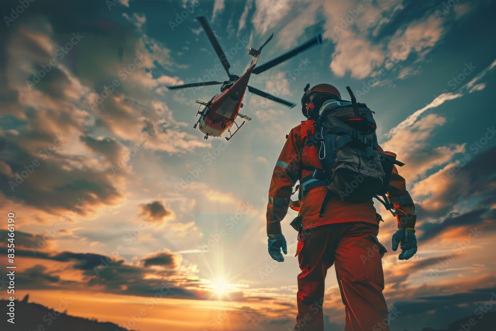 A silhouetted rescue worker in orange gear stands looking at a helicopter flying during a vibrant sunset A silhouetted rescue worker in orange gear stands looking at a helicopter flying during a vibrant sunset
