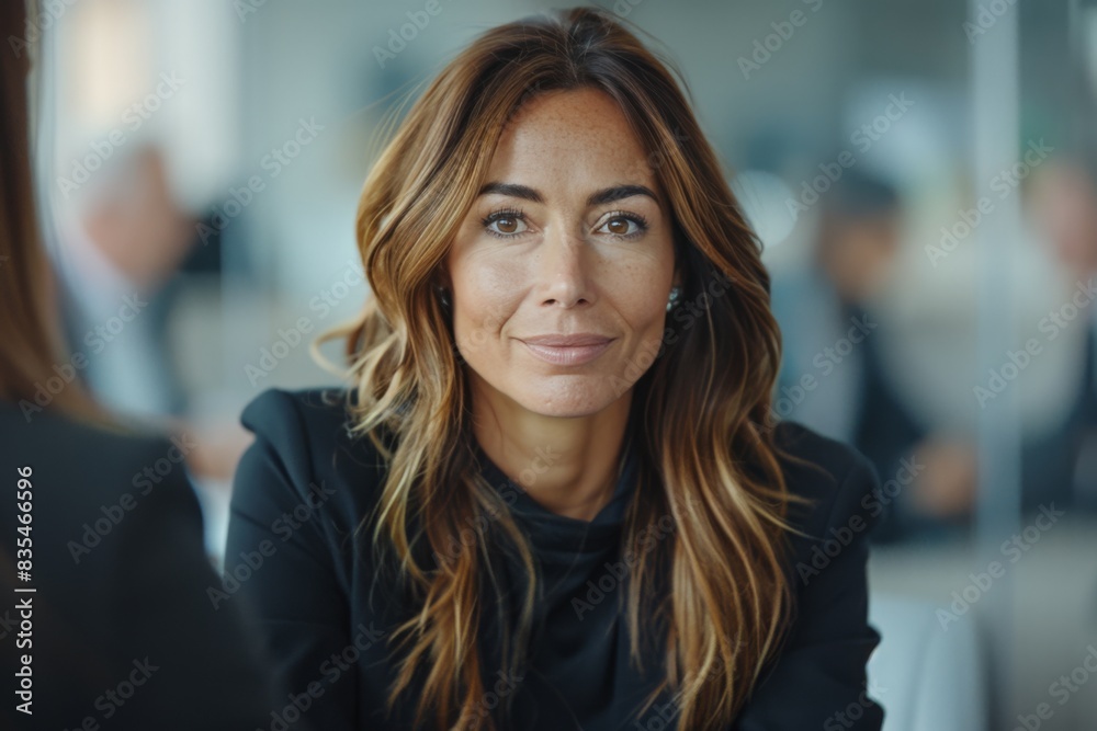 A professional setting showing a woman in a business suit with a blurred face to maintain anonymity Focus on the outfit and office background A professional setting showing a woman in a business suit with a blurred face to maintain anonymity Focus on the outfit and office background