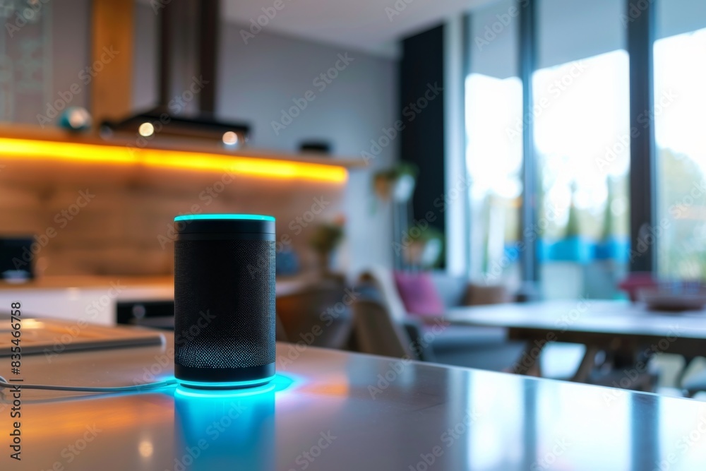 A smart speaker illuminated by a blue light on a modern kitchen countertop with blurred background A smart speaker illuminated by a blue light on a modern kitchen countertop with blurred background