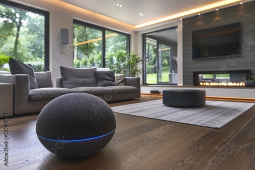 Round smart speaker with a blue light ring on the floor in a well-decorated living room with a fireplace photo