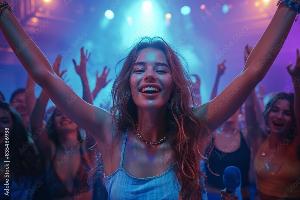 An enthusiastic woman with arms raised enjoys a concert among a crowd, reflecting the joy and excitement of live music events An enthusiastic woman with arms raised enjoys a concert among a crowd, reflecting the joy and excitement of live music events