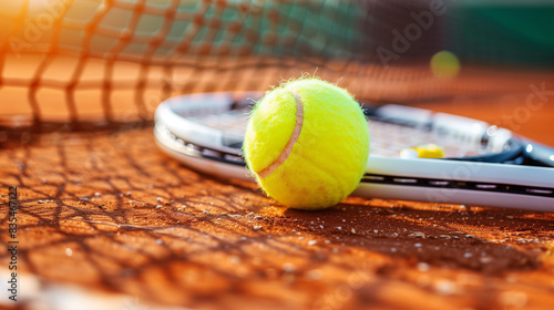A yellow tennis ball lying on a tennis court next to a white racket, illuminated by sunlight. The shadow from the net falls on the tennis court. © AndreyFrol