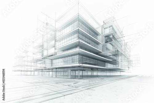 An abstract white architectural drawing of a modern building portrays creativity in design and engineering concepts photo