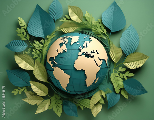Earth Day concept, a paper earth globe is encircled by lush green foliage, symbolizing the harmony between humanity and nature	 photo