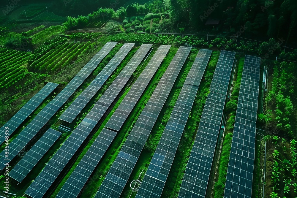Rows of solar panels are installed amidst the greenery of an agricultural farm under a cloudy sky Rows of solar panels are installed amidst the greenery of an agricultural farm under a cloudy sky