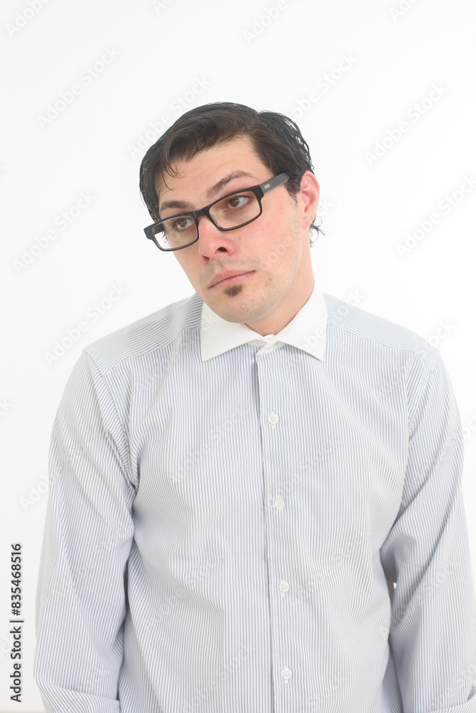 shy and insecure male nerd wearing glasses on white background shy and insecure male nerd wearing glasses on white background