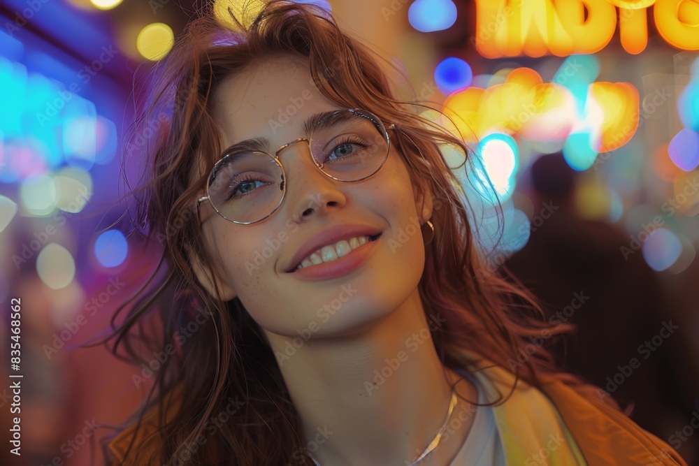 An urban night scene with a faceless woman and colorful neon lights creates a modern and vibrant atmosphere An urban night scene with a faceless woman and colorful neon lights creates a modern and vibrant atmosphere