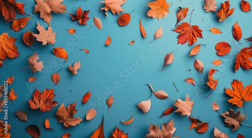 Red and Blue Autumn Leaves on a Teal Background
