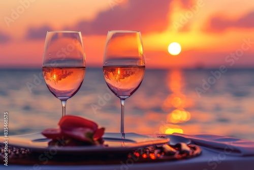 Capturing the essence of a romantic sunset dinner with crystal wine glasses against the ocean backdrop