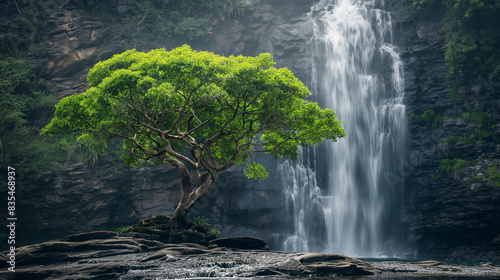 Cachoeira com árvore verde, cena da natureza, fundo da natureza, papel de parede da natureza photo