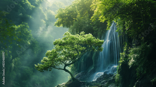 Cachoeira com árvore verde, cena da natureza, fundo da natureza, papel de parede da natureza photo