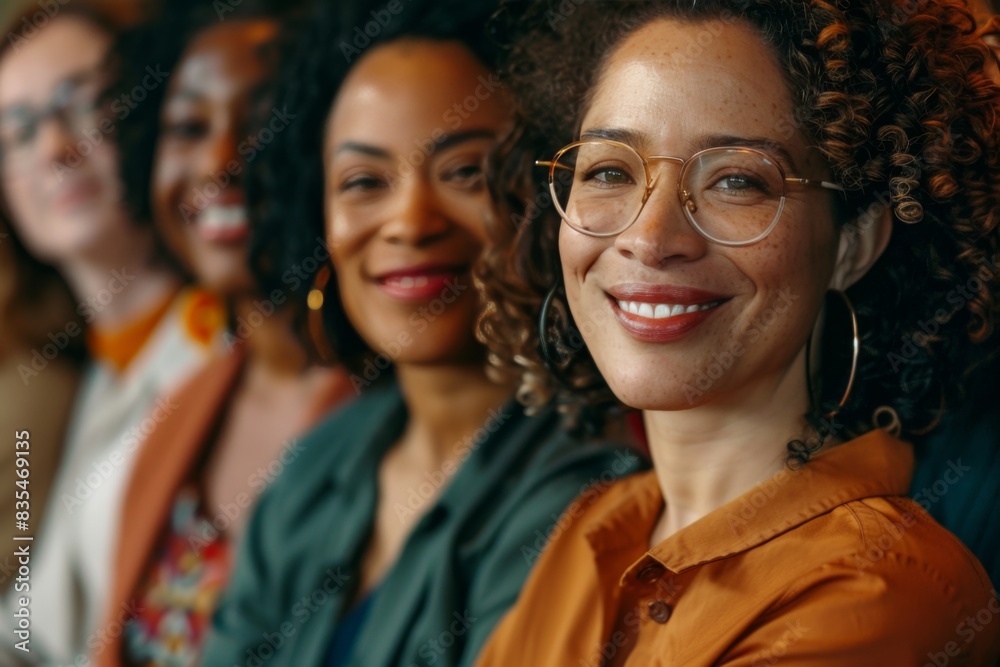 Side view of diverse individuals at an event, highlighting their engagement and varied hairstyles Side view of diverse individuals at an event, highlighting their engagement and varied hairstyles