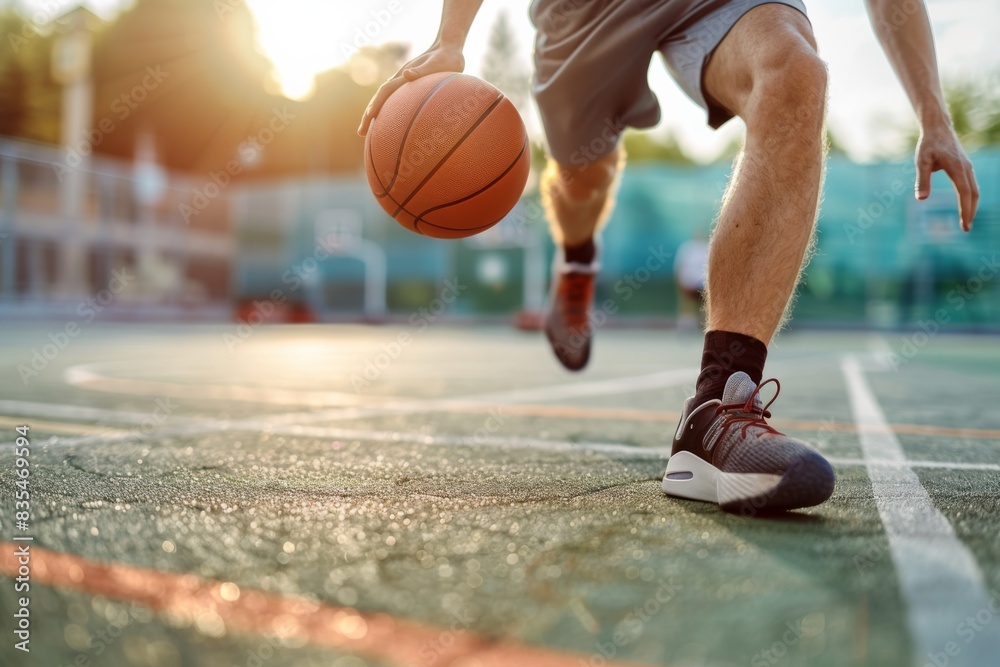 Detailed shot of a basketball player's hands and ball mid-dribble on an outdoor court Detailed shot of a basketball player's hands and ball mid-dribble on an outdoor court