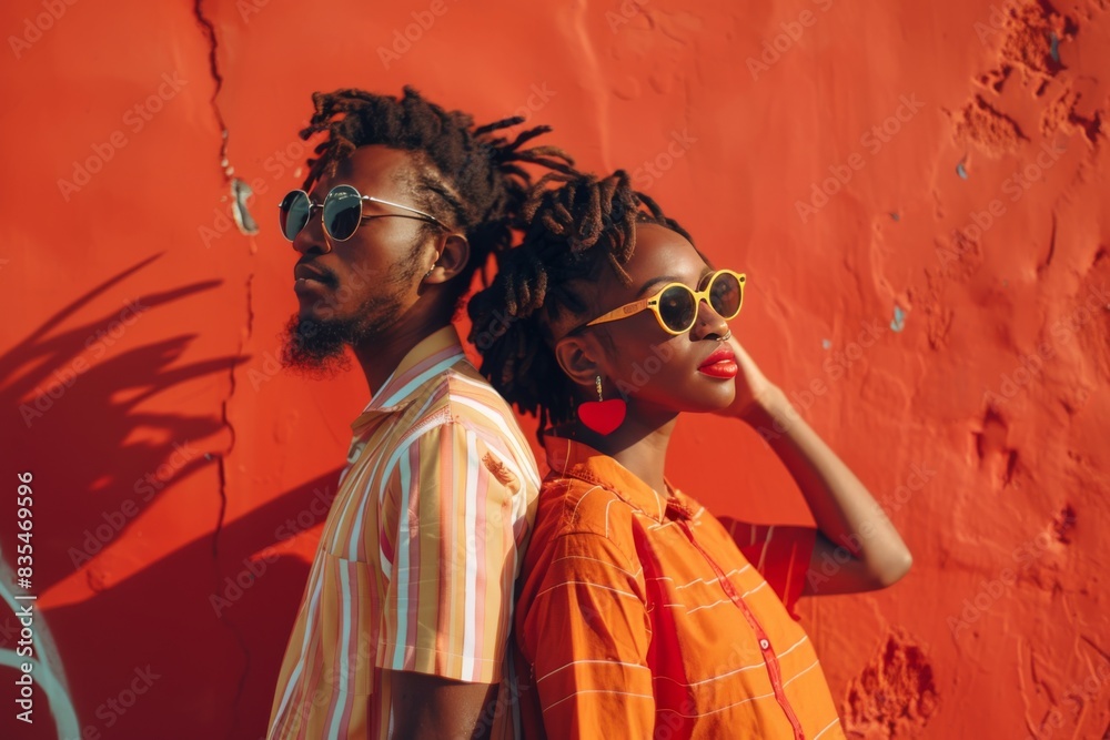 Fototapeta premium Intimate moment of a couple closely posed with contrasting colorful outfits against a red wall