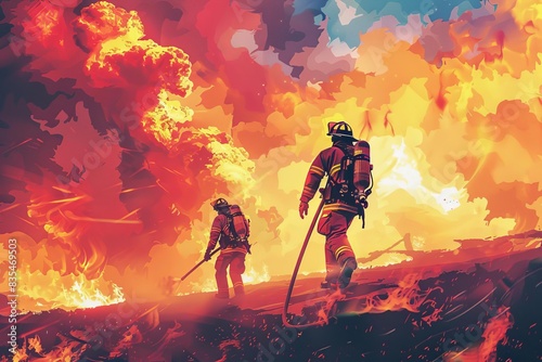 courageous firefighters battling intense blaze dramatic action illustration