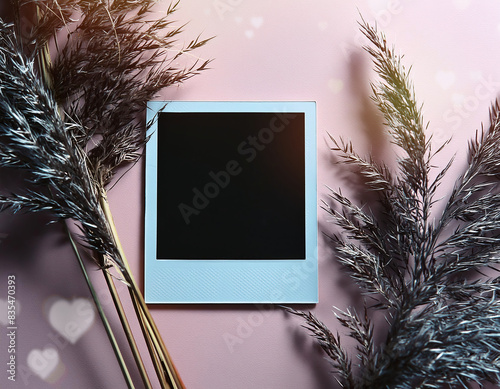 Mockup with blank polaroid photo frame and dried pampas grass over soft pink background	with hearth shaped bokeh lights photo