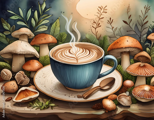 artistic painting of a cup of cappuccino, surrounded by mushrooms, plants and herbs in bohemian, earthy tones photo