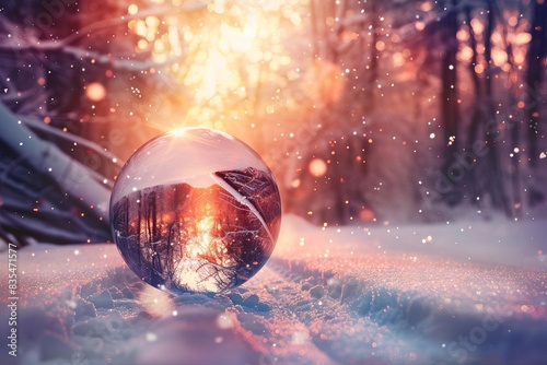 crystal ball reflecting snowy winter wonderland magical fortune telling and divination dreamy fantasy landscape surreal digital art photo