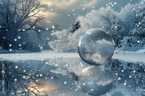 crystal ball reflecting snowy winter wonderland magical fortune telling and divination dreamy fantasy landscape surreal digital art