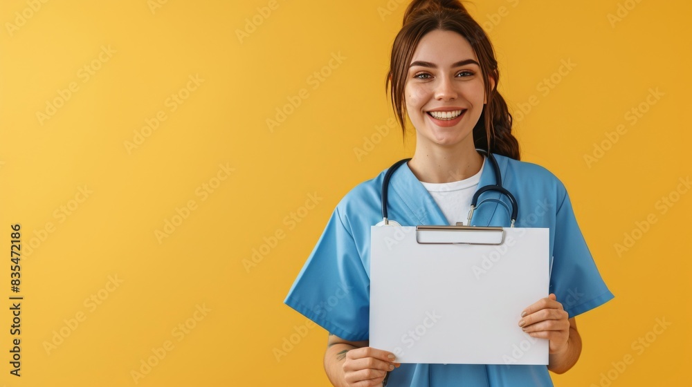 A young smiling female doctor holding a blank message board.