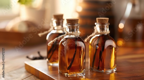 Aromatically scented small vanilla extract bottles placed on the table photo