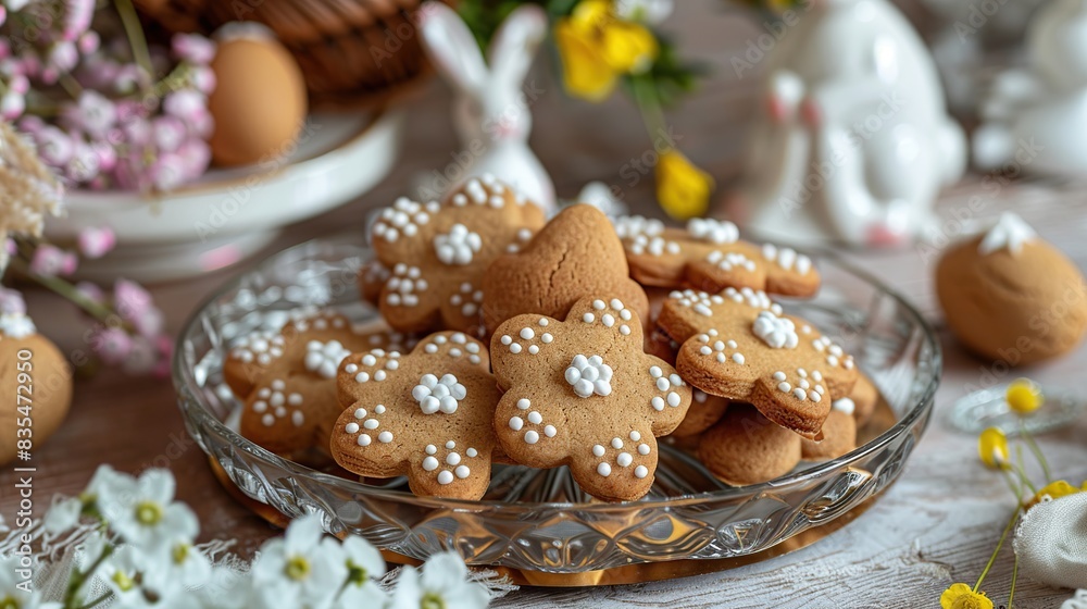 Easter Gingerbread Cookies On A Glass Plate With An Easter Bunny On The Table. Generative Ai Easter Gingerbread Cookies On A Glass Plate With An Easter Bunny On The Table. Generative Ai