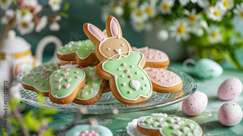 Easter Gingerbread Cookies On A Glass Plate With An Easter Bunny On The Table. Generative Ai photo
