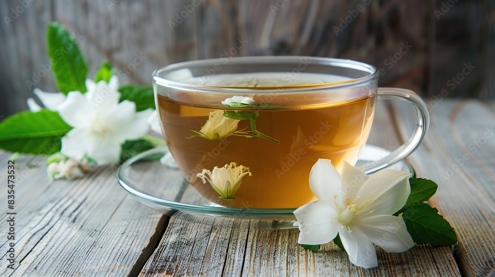 A cup of tea with jasmine and mint on a wooden background. Generative Ai A cup of tea with jasmine and mint on a wooden background. Generative Ai