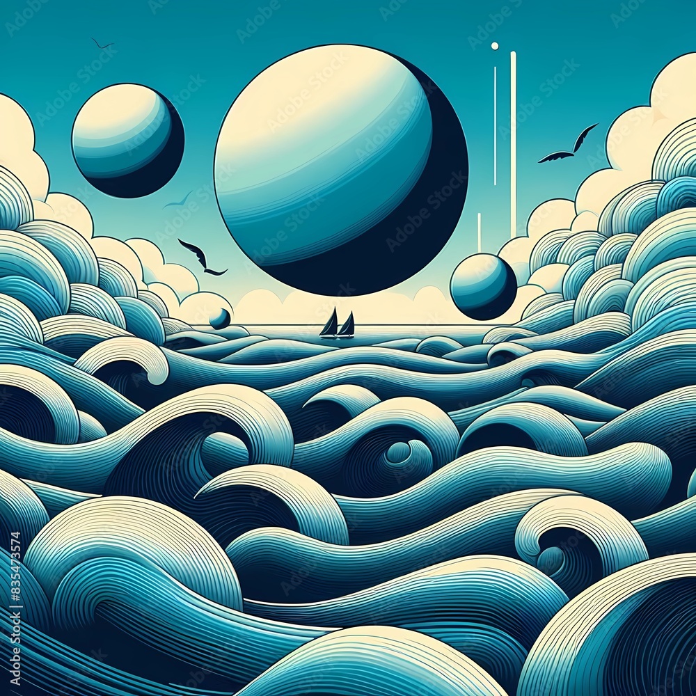 Fototapeta premium beautiful ocean with views of waves of simple natural beauty in a surrealist style,Generative AI