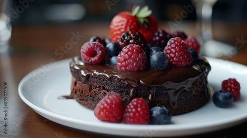 A luscious chocolate cake topped with fresh berries  elegantly served on a white plate
