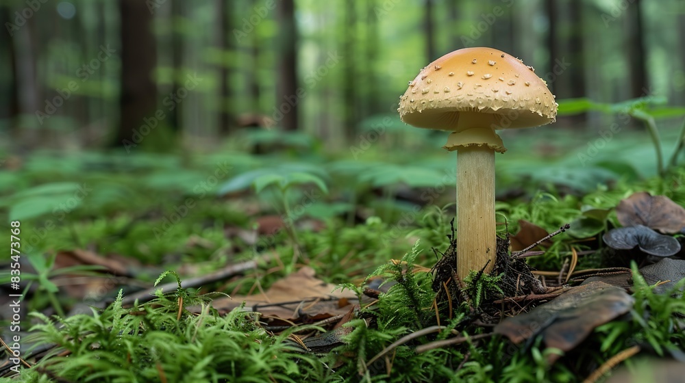 a small mushroom with a light cap has grown in a forest clearing covered with green . Generative Ai a small mushroom with a light cap has grown in a forest clearing covered with green . Generative Ai