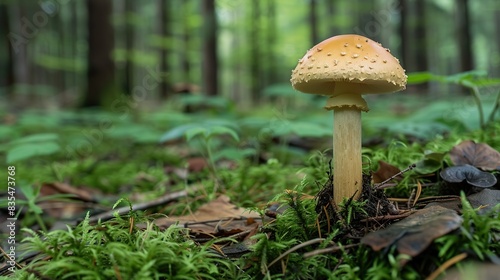 a small mushroom with a light cap has grown in a forest clearing covered with green . Generative Ai