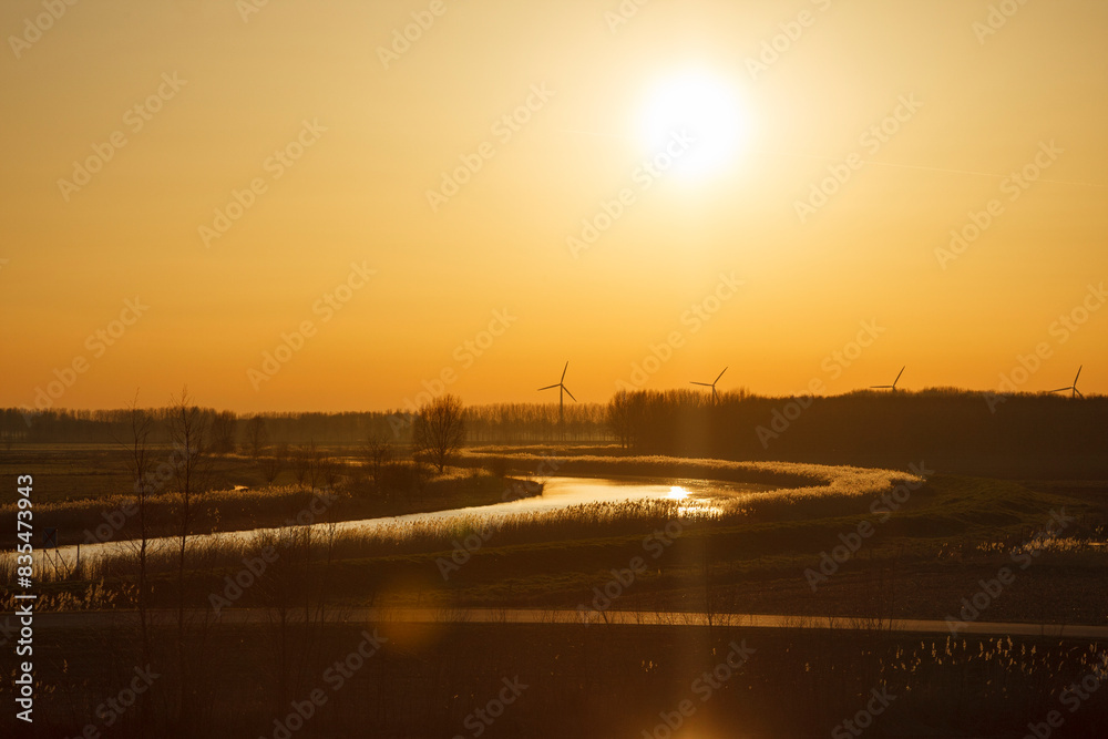Sunset Over Pond with Mark River Near Terheijden