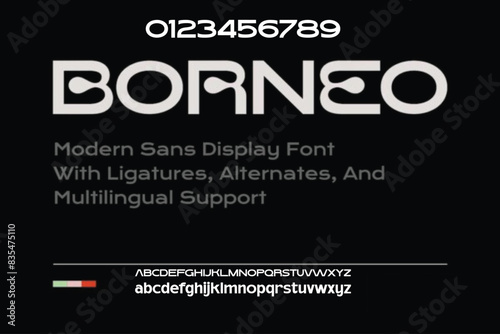 Sans serif typography font vector. Modern clean elegant character set. Creative alphabet simple typeface. Digital letter type style. Logo art banner poster flyer billboard text graphic design.