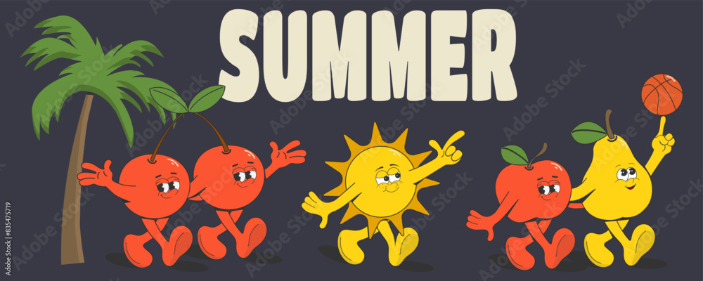 A summer set of funny cartoon characters: cherries, apple, pear, sun, palm tree. Elements for the design of a print on a T-shirt, poster, sticker, card.Retro style.Vector illustration. A summer set of funny cartoon characters: cherries, apple, pear, sun, palm tree. Elements for the design of a print on a T-shirt, poster, sticker, card.Retro style.Vector illustration.