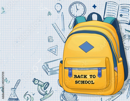 Back to school banner or poster featuring a yellow backpack with school supplies drawings on a lined school notebook background.	 photo