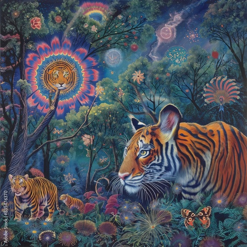Trippy Tiger in the Jungle Forest Psychedelic Animal Art Cat Painting Animals photo