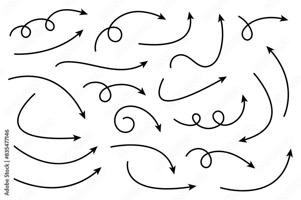 Collection of curved arrows. Set simple curved hand drawn arrows. Collection of pointers. Collection of curved arrows. Set simple curved hand drawn arrows. Collection of pointers.